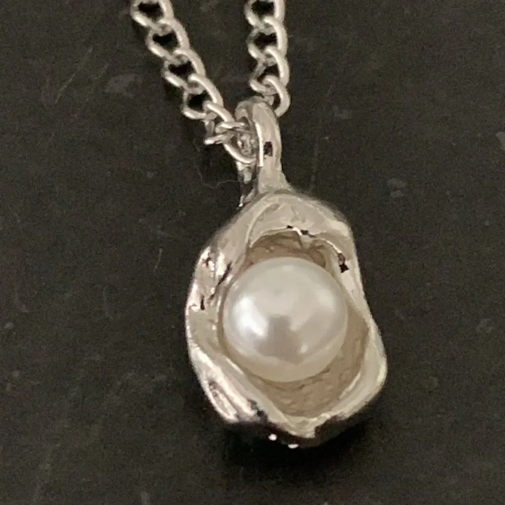 Whimsical Egg in a Nest Pendant Necklace - Silver Tone with Faux Pearl